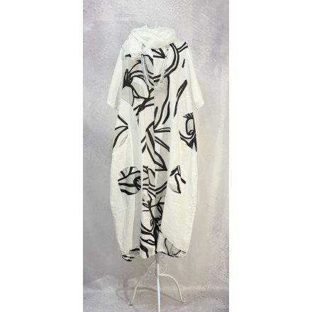 Absztrakt mintás len ruha cukorfehér