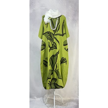 Absztrakt mintás len ruha kivizöld